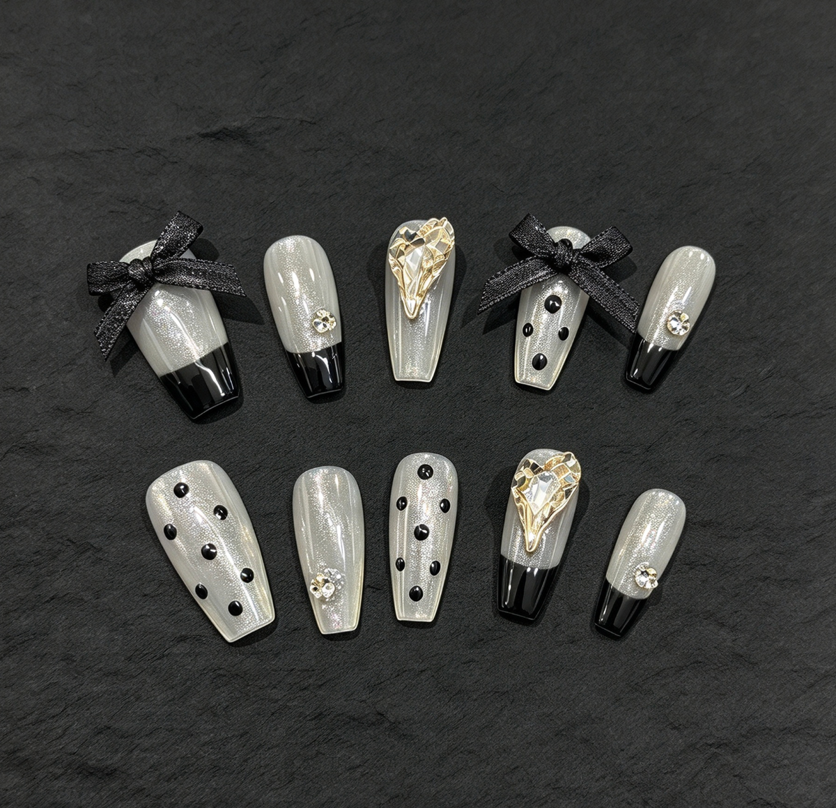 FLORIN 黑丝蝴蝶结金心钻奢华手工穿戴甲