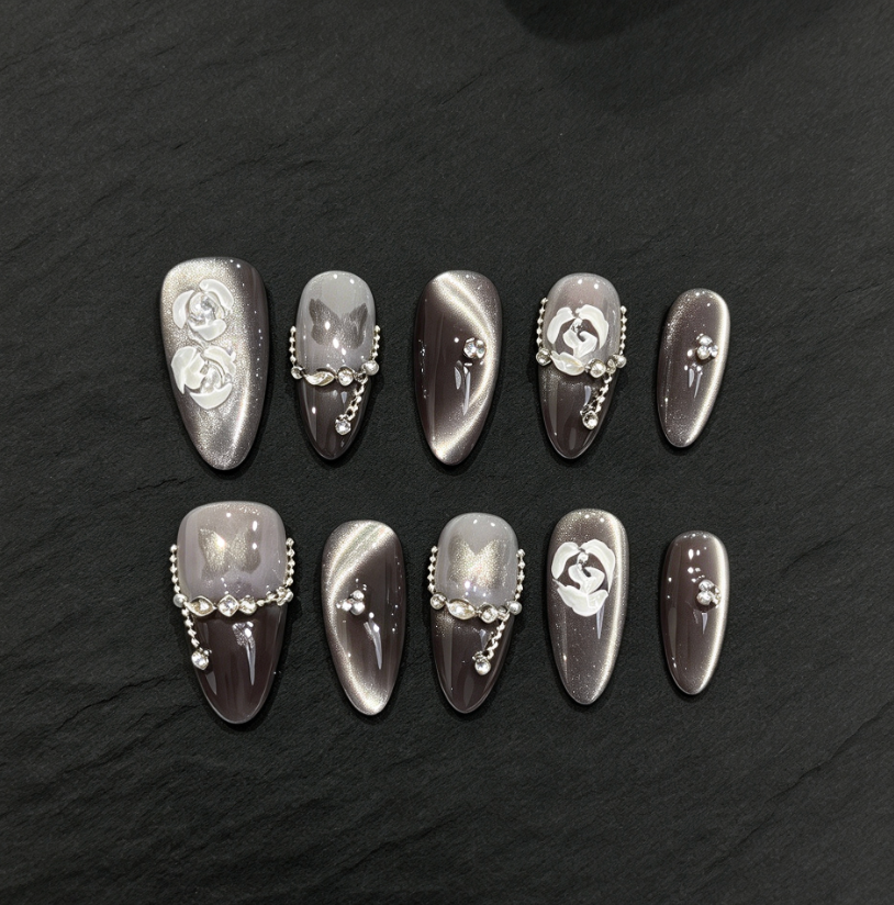 FLORIN 烟紫流光猫眼白玫瑰排钻穿戴甲